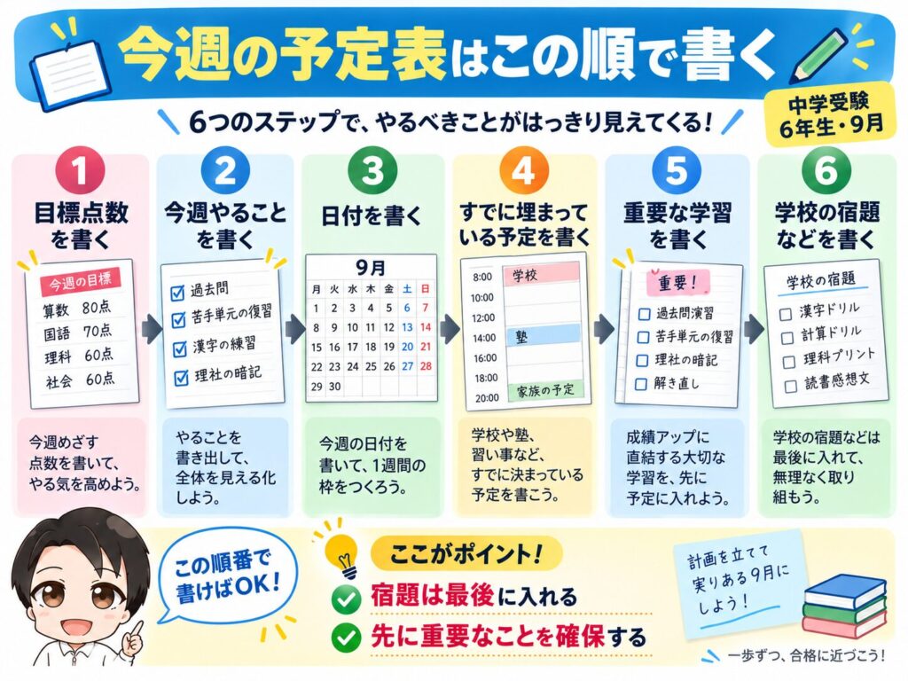 6ステップの学習計画を説明する日本語の教育ポスター。目標点の設定・今週やることを列挙・日付を記入して学校の予定と宿題を整理する方法を示す。