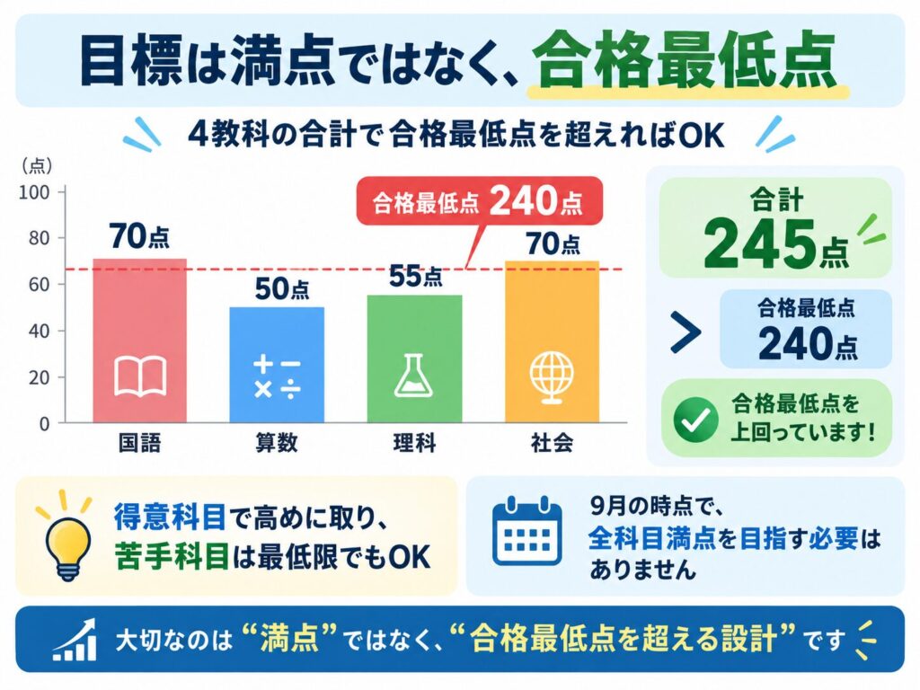 4科目の得点を棒グラフで示す。国語70点、算数50点、理科55点、社会70点。合格最低点は240点。合計245点。
