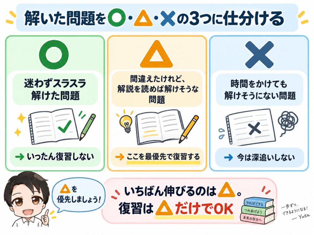 三つの区分で学習を整理する日本語の学習ポスター。O・Δ・Xで解き方を分類する infographic です。