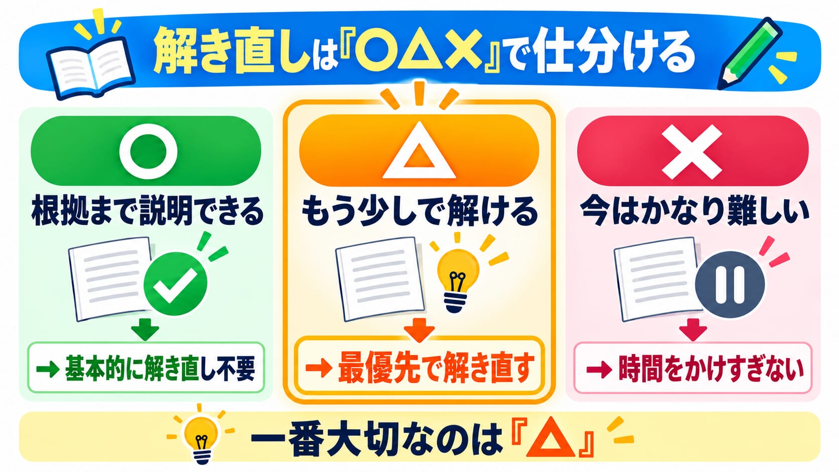 問題のやり直し方を3つに分けたインフォグラフィック。左はO（根拠まで説明できる）、中央は△（もう少しで解ける）、右は×（今はかなり難しい）と示す。下部には各方針の詳解。