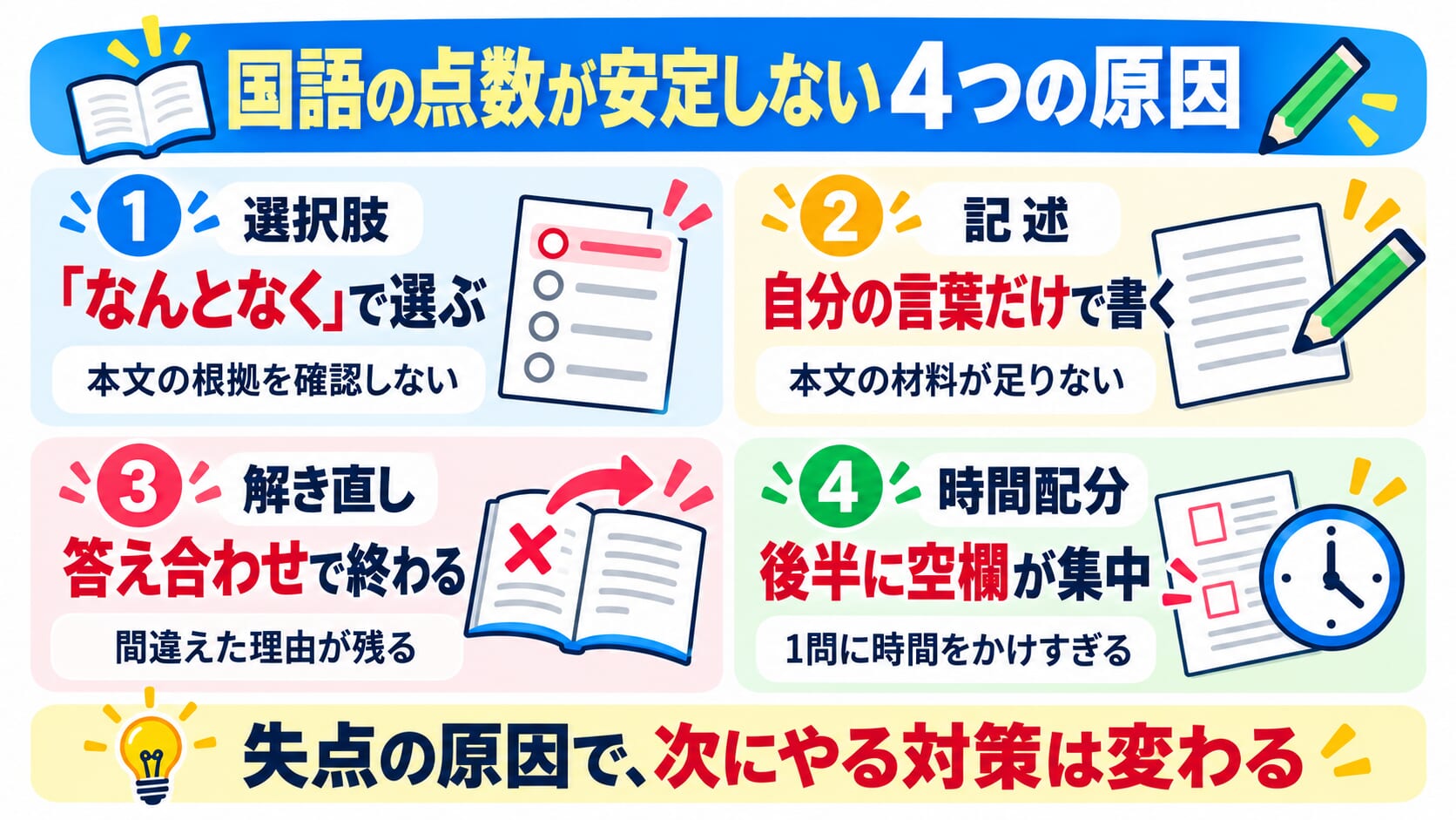 四つの理由を示すカラフルなガイド。1 なんとなく選ぶ選択肢、2 自分の言葉だけで書く記述、3 答え合わせで終える解き直し、4 後半に時間配分が集中する。